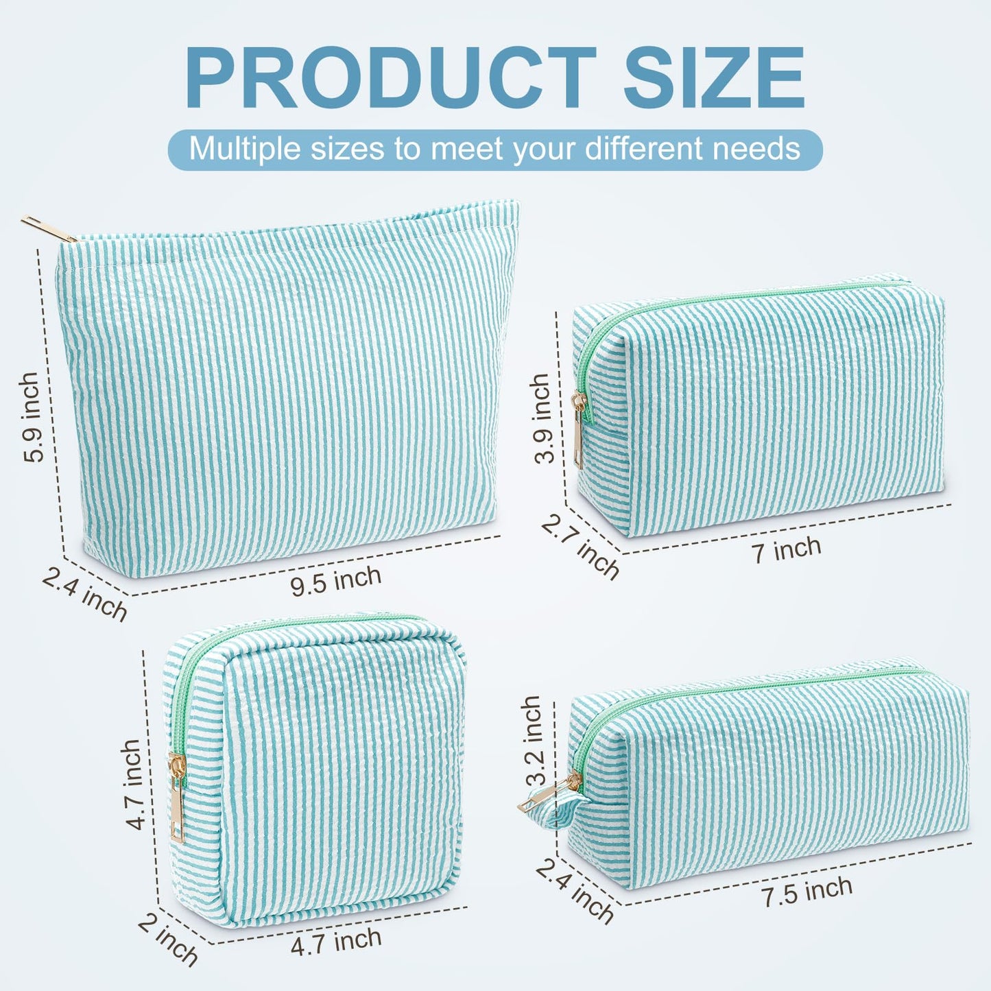 Sanwuta 4 Pcs Seersucker Pouch Cosmetic Bag Set Seersucker Makeup Bag Women Stripe Large Travel Toiletry Organizer Aesthetic Preppy Storage for Embroidery Women Bridesmaid Gifts(Light Blue)