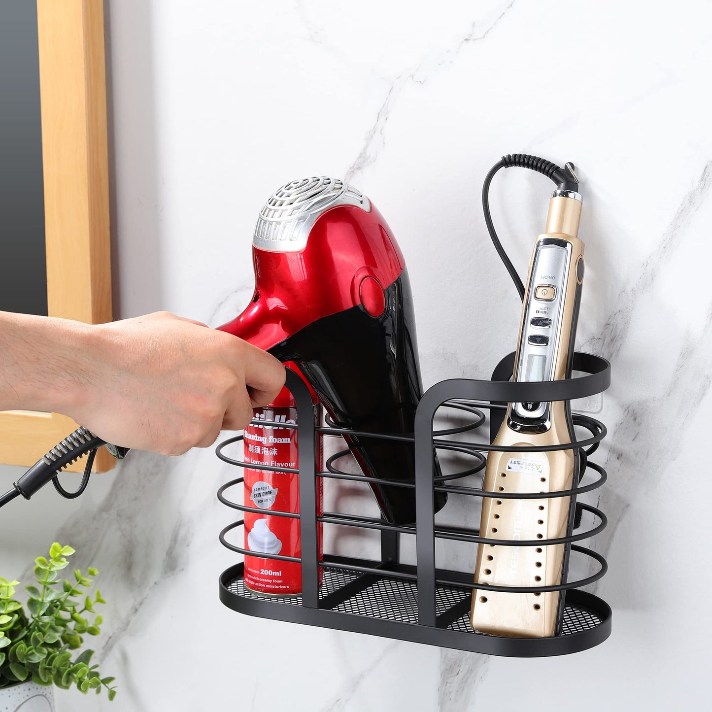 YIGII Hair Dryer Holder - Wall Mount/Adhesive Blow Dryer Holder Bathroom Organizer Hot Tools Organizer for Hair Dryer, Electric Shaver Black