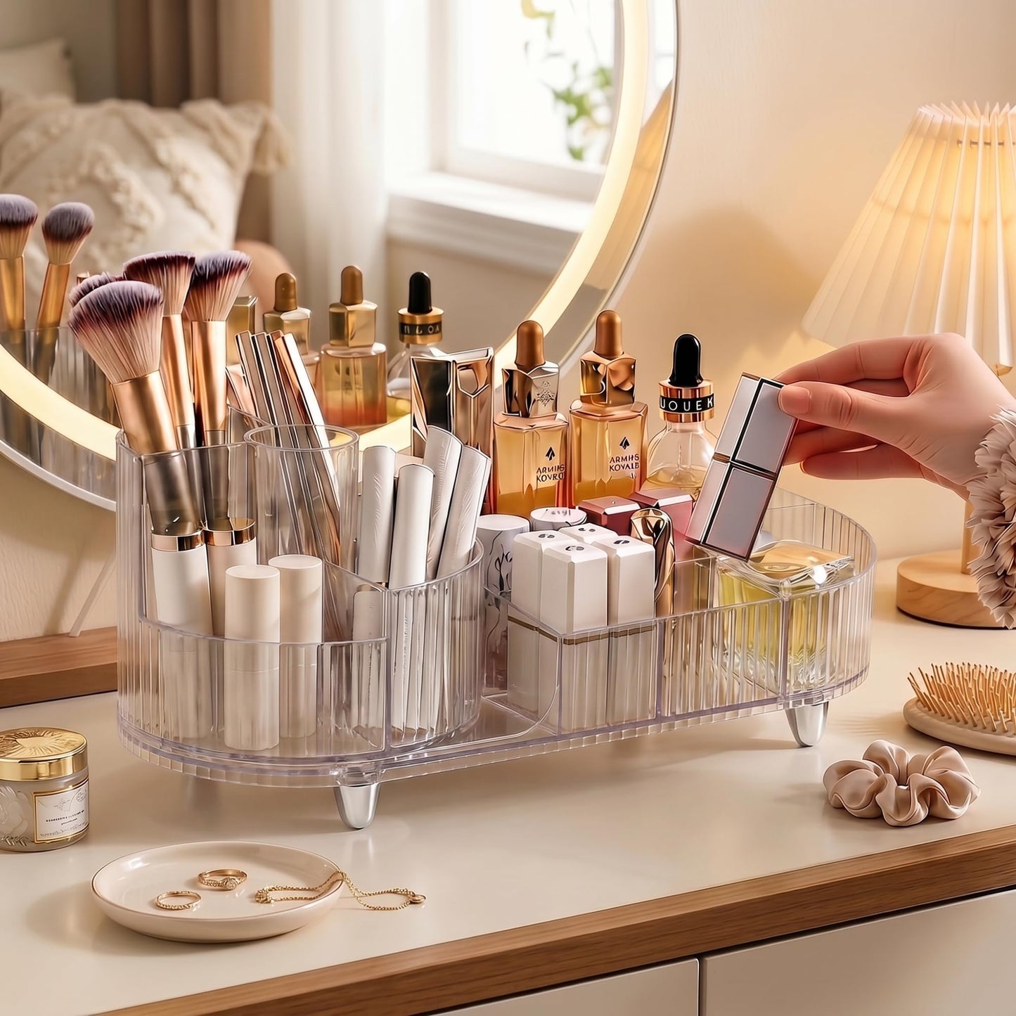 Booklov Rotating Makeup Organizer for Vanity, Large Capacity Cosmetic Display Case, Clear Acrylic Countertop Beauty Storage Holder for Skincare, Brush Eyeshadow Lipstick, Counter Desk, Crystal Clear