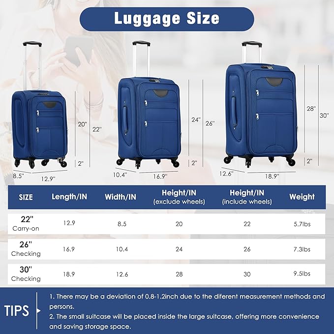 Merax Softside Luggage Set 3 Piece Suitcase with Duffel Bag Spinner Wheels Lightweight Expandable Travel Luggage 22" 26" 30",Navy Blue