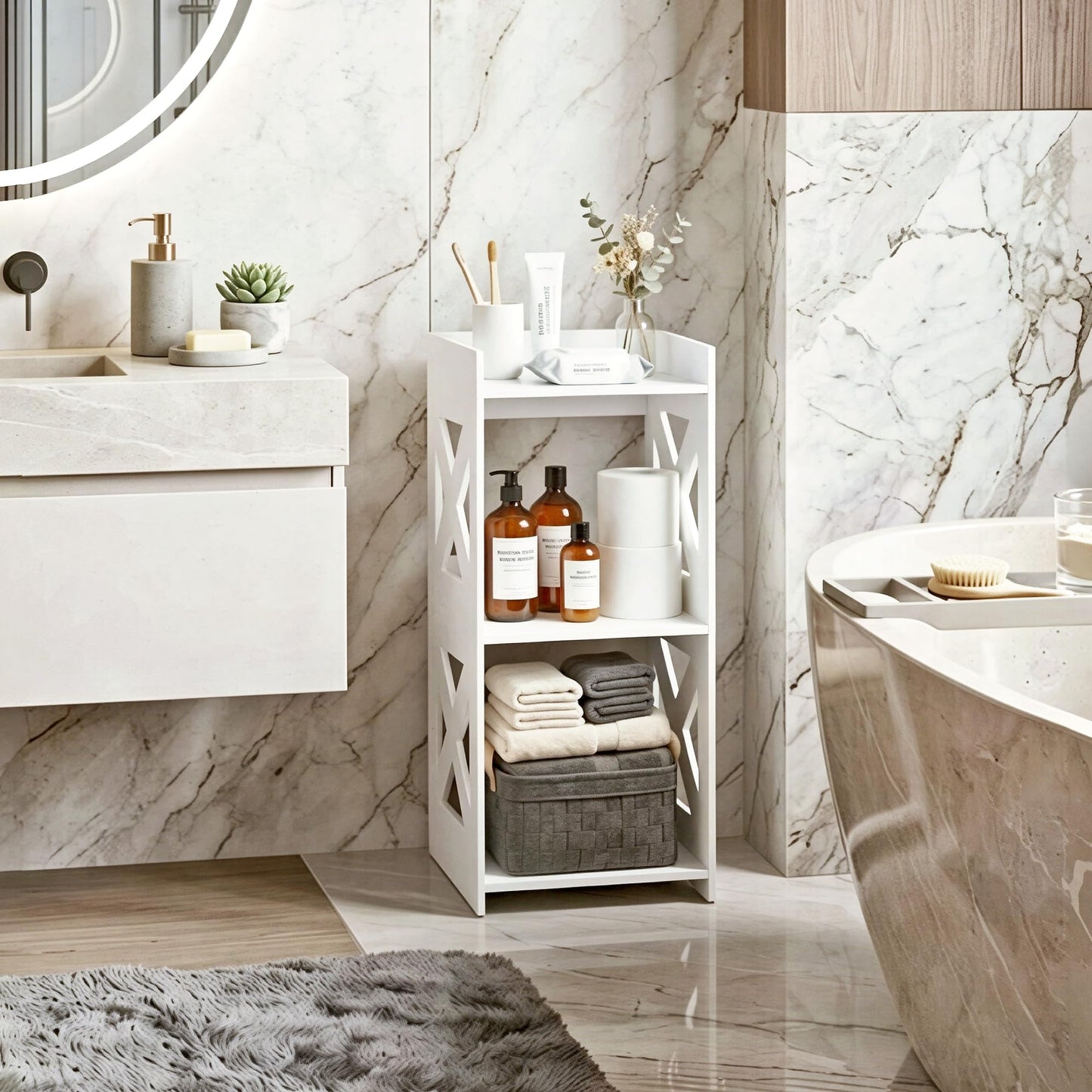 FONHAYE Small Bathroom Storage Corner Shelf, Waterproof PVC Narrow Floor Stand, Slim Gap Filler Organizer for Toilet Side, Laundry Room, Shower, Kitchen Spice Rack, White Restroom Holder (3-Tier)