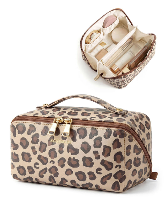BAGSMART Makeup Bag Travel Cosmetic Bag, Large Make Up Bag Flat Open Toiletry Bag for Women, PU Leather Travel Essentials Organizer Case, Wide-open Pouch Purse for Skincare, Brushes, Brown Leopard