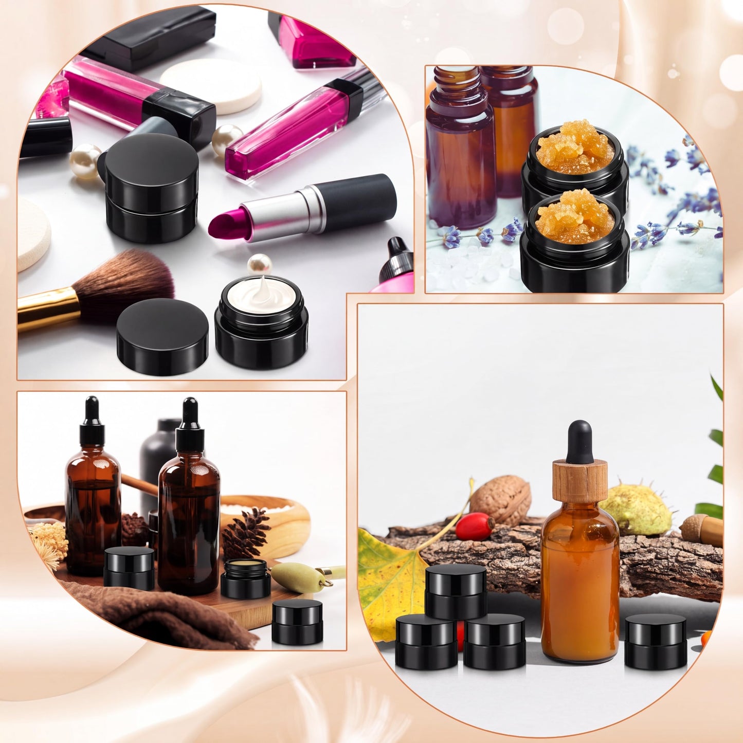 Norme 120 Pack Black Bulk 5ml Glass Jars Leakproof Inner Liners & Lids 5 Gram Refillable Cosmetic Sample Lip Balm Container 5g UV Protection Travel Empty Jar for Skincare (Classic Lid)