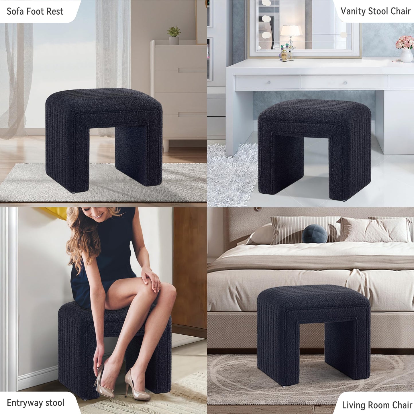 Get Set Style Vanity Stool Chair,Modern Boucle Ottoman Foot Stool with Wooden Legs Sofa Bench Footstool Extra Seat for Vanity,Makeup Room,Living Room,Entryway,Office (Fully Assembled) (Black)