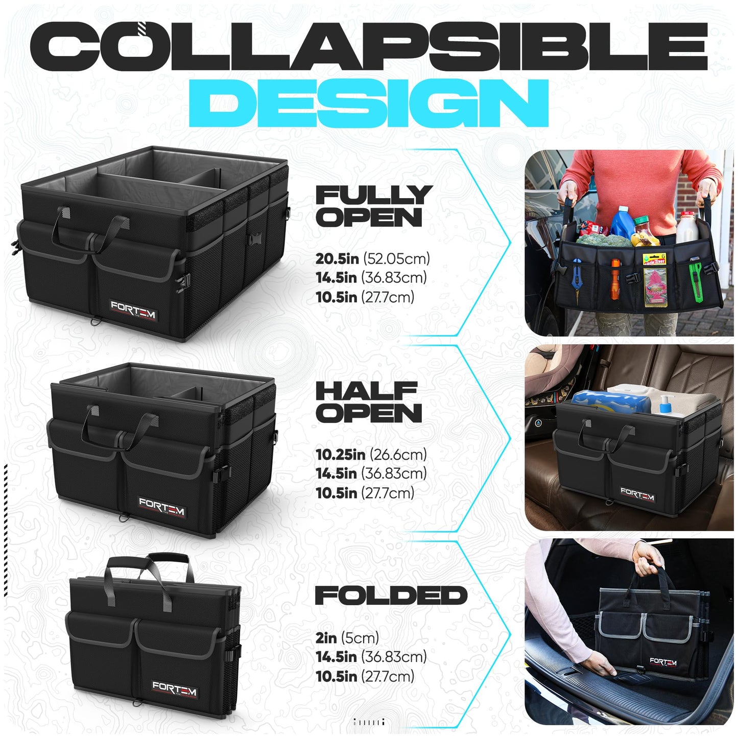 FORTEM Trunk Organizer For SUV Car Trunk Organizer, Foldable Storage, Car Accessories for Women Men, Collapsible Bag, 600D Oxford, Non Slip Bottom, Straps, Soft Cover (50L)
