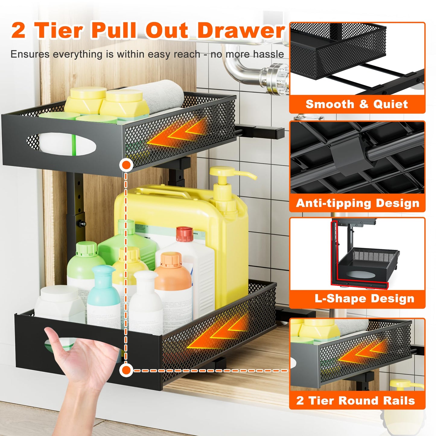 Under Sink Organizer, 2 Packs 2 Tier Under Sink Organizers and Storage, Slide Out Pull Out Cabinet Organizer Shelf, Metal Sliding Drawer for Kitchen Bathroom Pantry Cabinet Closet Organization Rack