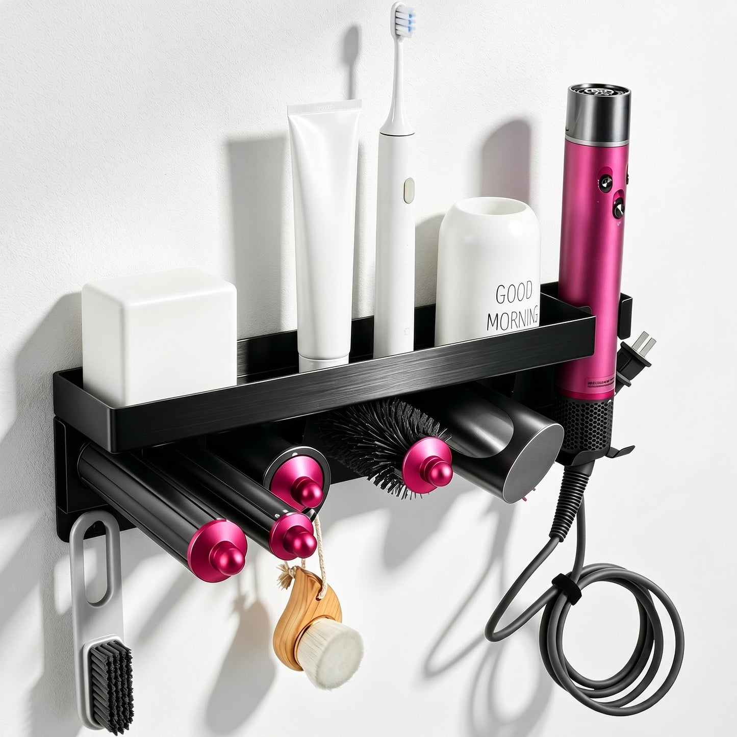 KLroad Aluminum Hair Tool Organizer Wall Mount & Countertop Hair Dryer Holder for Dyson Airwrap Styler and Supersonic Hair Dryer with 7 Slots Bathroom Accessories Rack