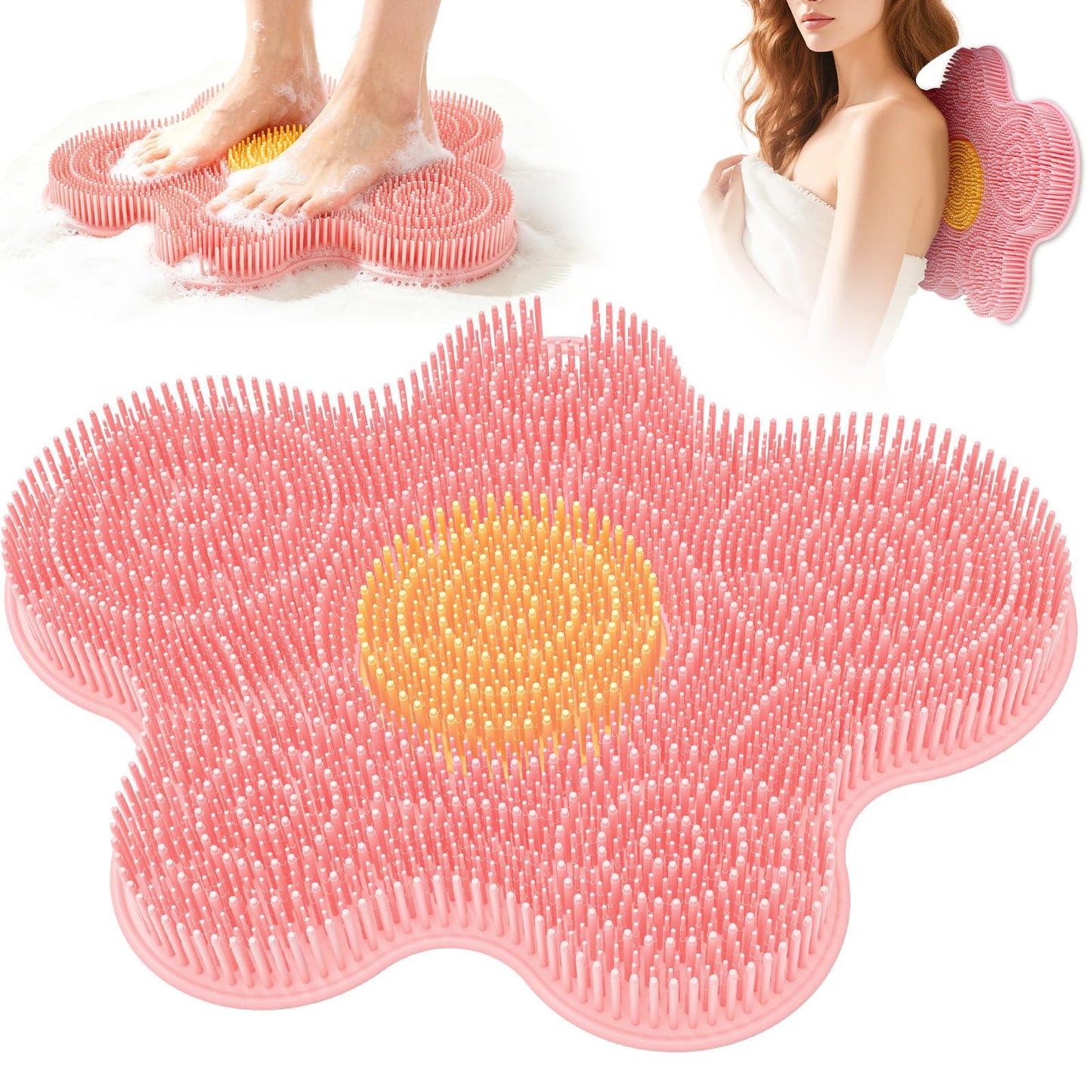 Mabnuby Shower Foot Scrubber in Shower, Silicone Back Exfoliating Cleaning Mat with Non-Slip Suction Cups Feet Cleaner Massaging Pad Without Bending Over Lather Well for Bath Wall Floor, Pink Flower
