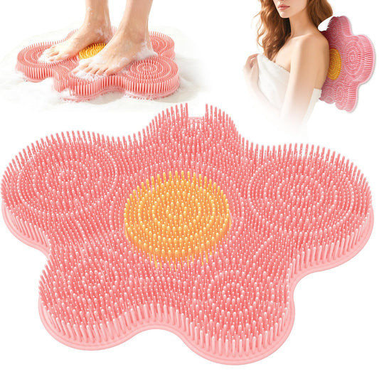 Mabnuby Shower Foot Scrubber in Shower, Silicone Back Exfoliating Cleaning Mat with Non-Slip Suction Cups Feet Cleaner Massaging Pad Without Bending Over Lather Well for Bath Wall Floor, Pink Flower