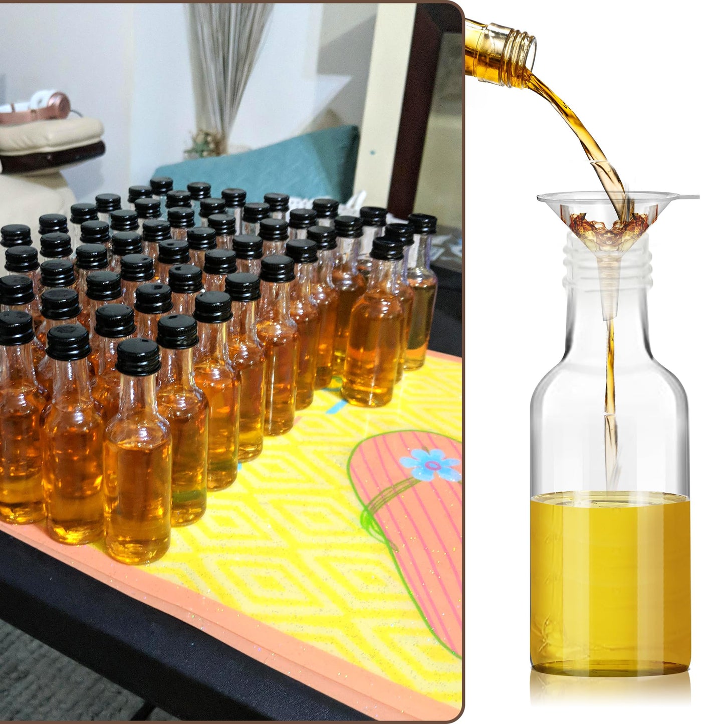 YZXODN 50 Pack 1.7oz Mini Liquor Bottles with Labels, Plastic Alcohol Bottles, Airtight Shot Bottles, Little Spirit Bottle with Funnel, Black Caps, Juice Bottle for Cocktail, Party Favors, Weddings
