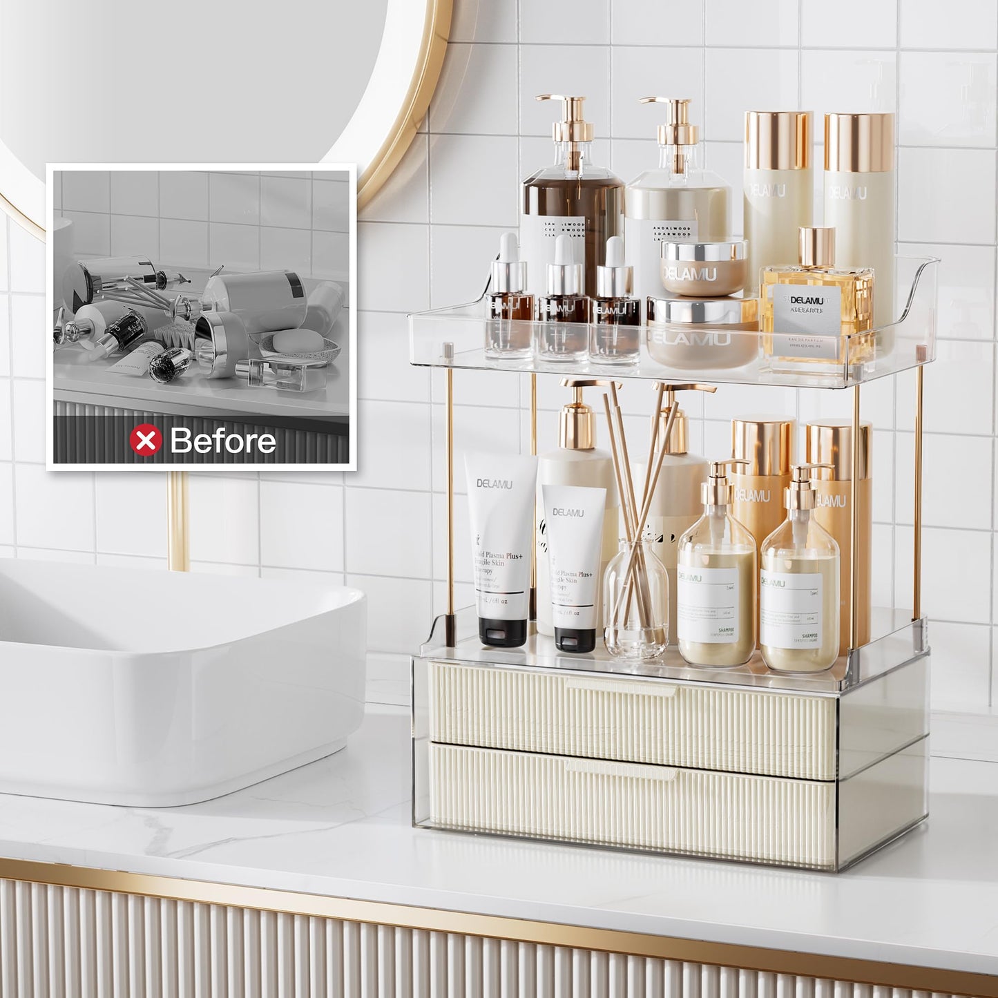 Delamu Bathroom Organizers and Storage, 2 Tier 2 Drawer Makeup Organizer Countertop, Easy to Install, Ideal for Bathroom Counter, Vanity, Ideal Gifts for Women Girls, Cream White