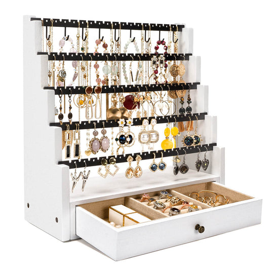 Pinzoveco Earring Organizer, 5 Layer Earring Holder Organizer with Necklace Holder Pole, Rustic Wood Jewelry Organizer Stand Display for Stud Earring Bracelet Necklace Ring, 175 Earring Holes