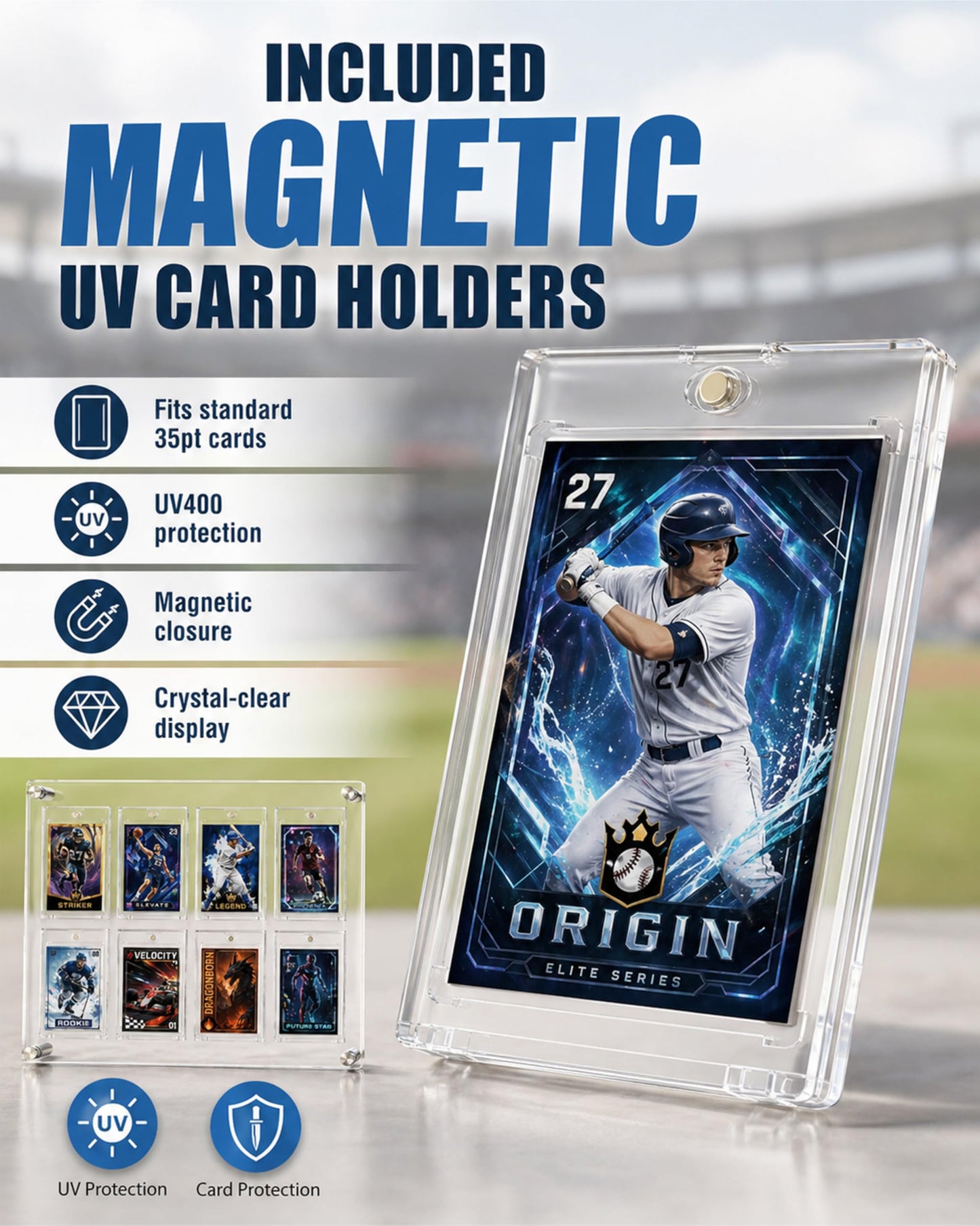 Acrylic 8 Card Display Frame with 8 Magnetic UV Protection Card Cases, Wall Mounted & Desktop Trading Card Display Stand for Sports Cards, Baseball Cards, Football Cards, Basketball Cards, TCG Cards
