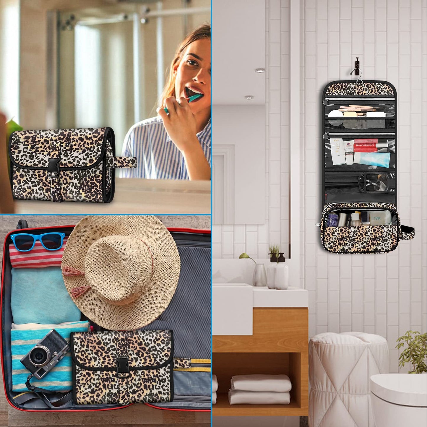 FINTIE Portable Toiletry Cosmetic Travel Bag, Large Water Resistant Hanging Makeup Organizer Storage Pouch Case for Women Girls (Leopard)