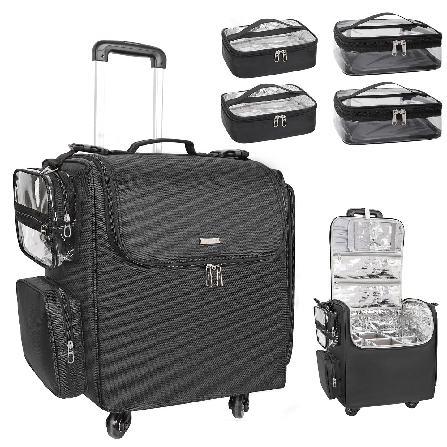 Relavel Rolling Makeup Train Case with 4 Pcs Clear Makeup Bags, Hairstylist Traveling Bag with 4 Wheels, Heat Insulation Full Layer, Adjustable Dividers, Hair Tools and Cosmetics Storage Organizer