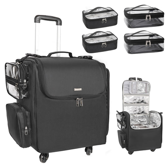 Relavel Rolling Makeup Train Case with 4 Pcs Clear Makeup Bags, Hairstylist Traveling Bag with 4 Wheels, Heat Insulation Full Layer, Adjustable Dividers, Hair Tools and Cosmetics Storage Organizer