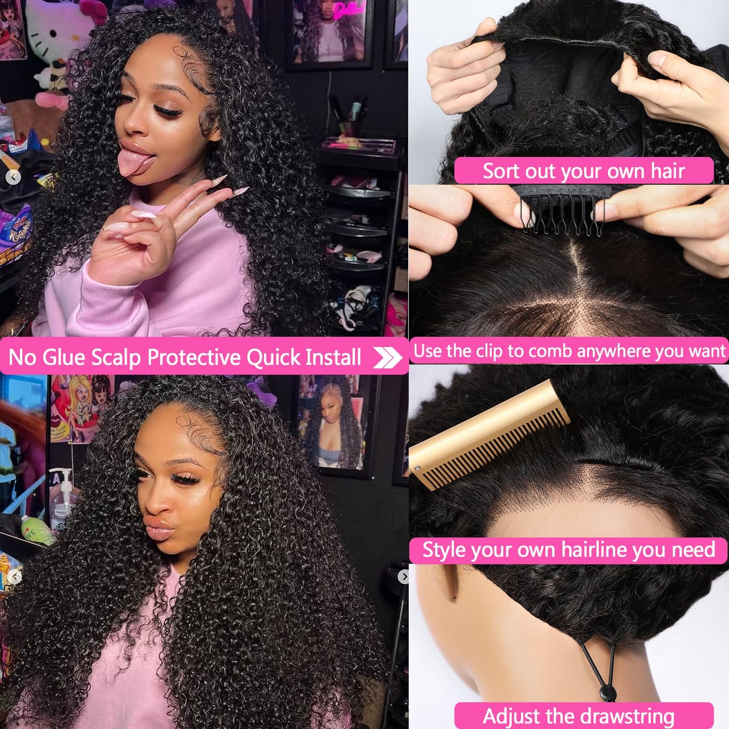 Lemoda Burmese Curly Half Wig Human Hair No Lace Glueless Wigs Human Hair 22 Inch Upgrade 3 IN 1 Kinky Curly Half Wig With Drawstring Seamless Flip Headband Wigs Tight Curls 180% Density