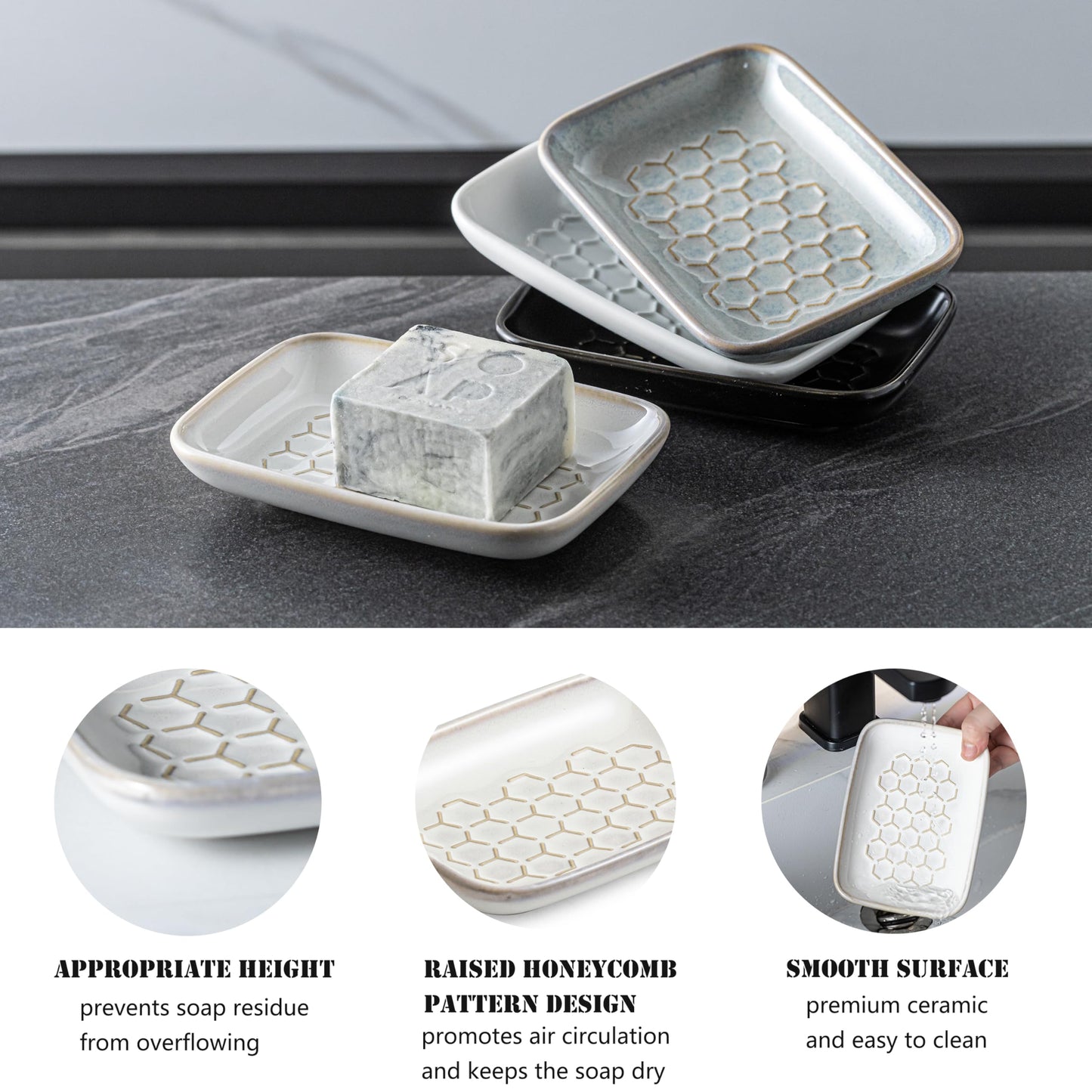 Gomakren Soap Dish for Shower, Ceramic Bar Soap Holder with Honeycomb Design, Soap Saver Tray for Bathroom Kitchen Sink, Sponge & Organizer Tray, Upscale Look, 5.5 Inch, Beige