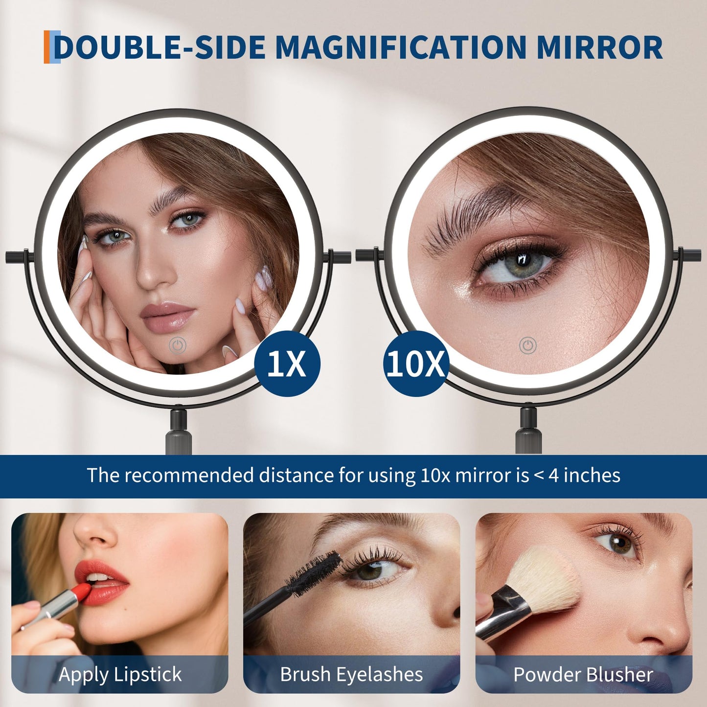Garvee Lighted Makeup Mirror, Rechargeable Height Adjustable Double Sided Mirror, 1x/10x True HD Magnifying with 3 Color, Brightness Adjustable, 360° Rotation Vanity, Gift for Women, Black