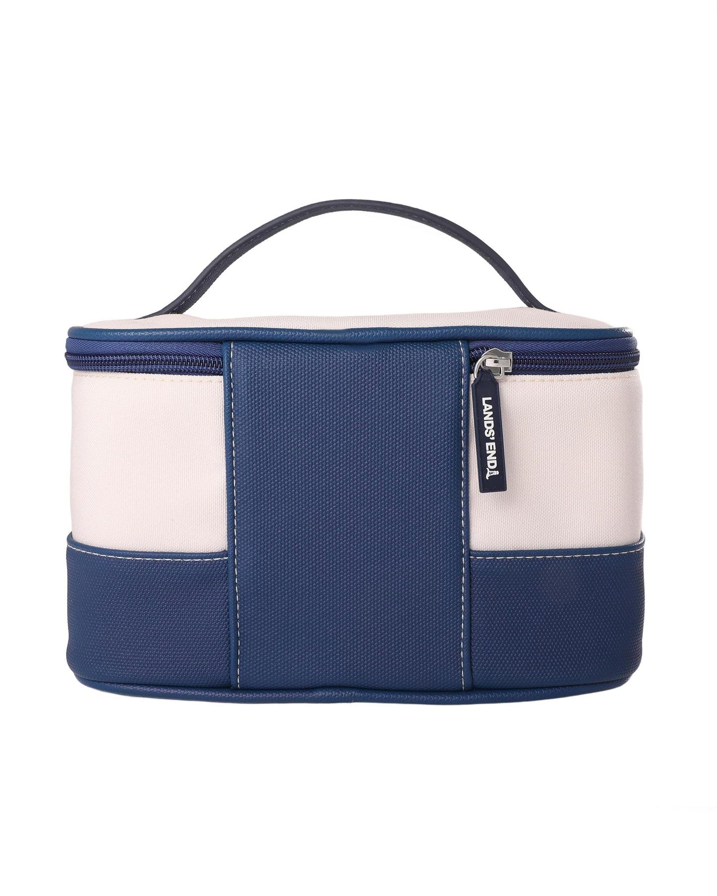 Lands' End Large Makeup Bag Train Case with 2 100 ML Plastic Travel Bottles, Soft-Sided Cosmetic Travel Bag (Navy)