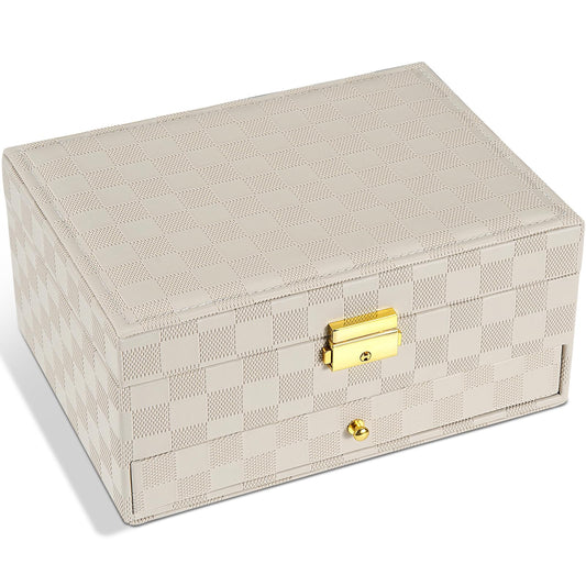 GUOER Jewelry Box for Women Girl Wife - Large PU Leather Jewelry Organizer Storage Case with Two Layers Display for Earrings Bracelets Rings Watches (Light Khaki)