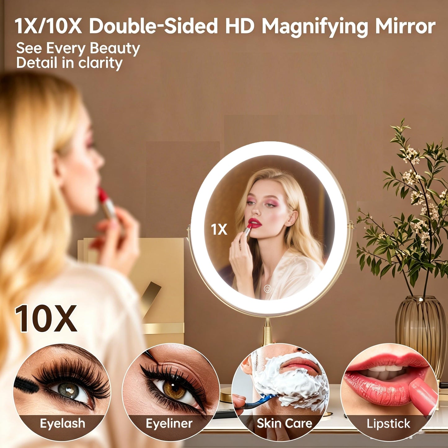 DEXHOM Professional 8" Large Lighted Makeup Mirror with Brighter Lights, 1X/10X True HD Magnifying Mirror with 3 Color Dimmable Lights, 92 Shadowless LEDs, 360°Swivel Seamless Vanity Mirror, Gold