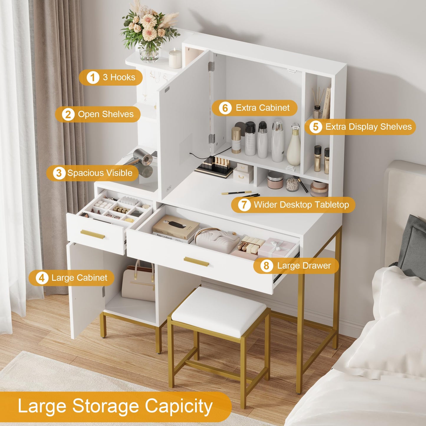 GAOMON 42.5" Makeup Vanity Desk with Mirror - Vanity Table with Stool, Charging Station, 3 Lighting Colors, Visible Drawers Storage Shelves, Dressing Table for Bedroom - White
