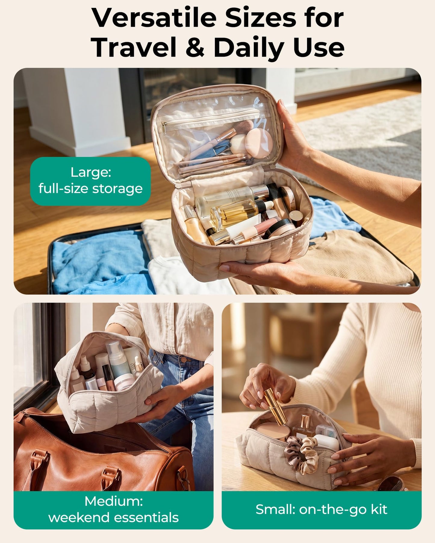 BAGSMART Travel Makeup Bag for Women, 3 Pcs Puffy Padded Cosmetic Organizer Bag, Large Toiletry Case and Small Purse Pouch for Gym, Work, Girls (Baby Blue)
