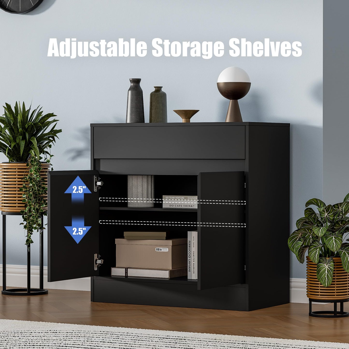 Housoul Buffet Cabinet with 2 Doors and Drawer, Coffee Bar Cabinet with Adjustable Shelf, Modern Kitchen Buffet Sideboard for Living Room, Kitchen, Black