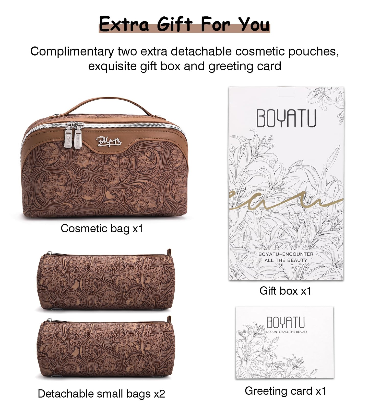 BOYATU Travel Makeup Bags Cosmetic Organizer Bag: 3 Pcs Set Large Capacity Floral Make up Bag with Compartments - Waterproof Leather Toiletry Bags with Handle for Women (19-Brown)