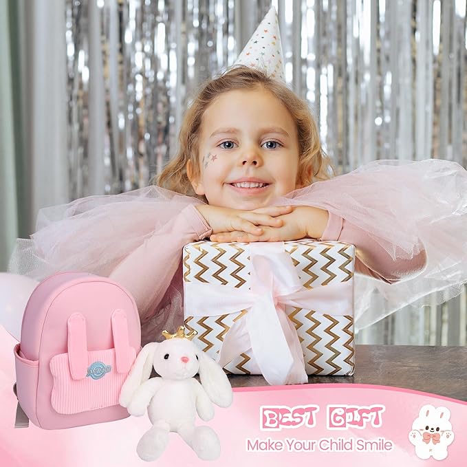 Large Rabbit Toddler Backpacks with Soft Bunny Dolls & Leash Preschool Backpack with Stuffed Animals for School Travel, 5 6 7 8 9 Year Old