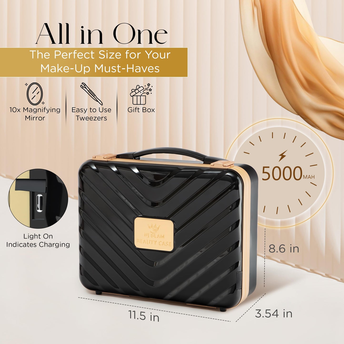 NJ GLAM Lighted Makeup Case with Mirror + 10x Mini Mirror - Portable, 3 LED Modes, Adjustable Dividers I Travel Makeup Train Case & Organizer I USB Rechargeable I (Black)