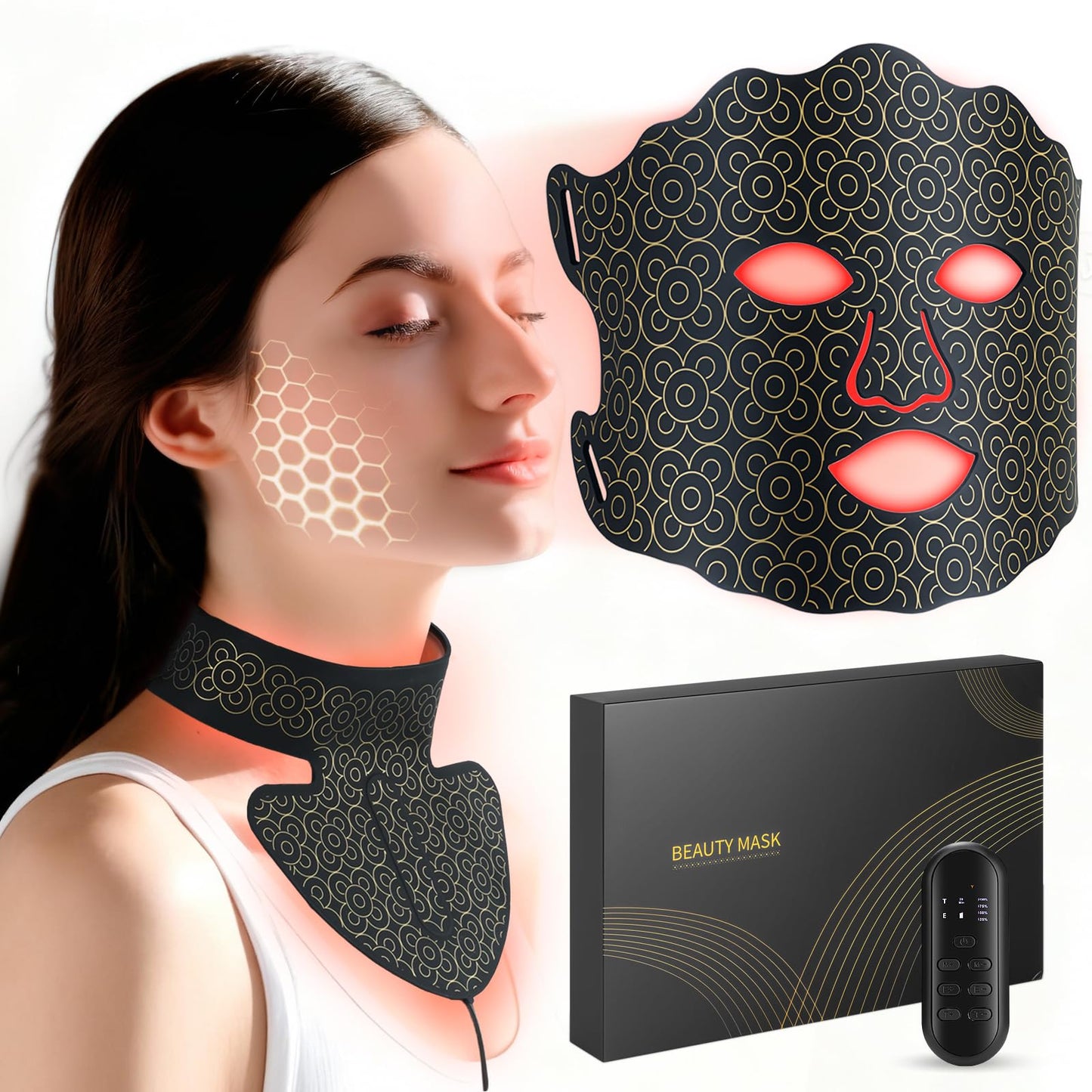 Yenjuty Red Light Therapy Mask for Face and Neck, 7 Color LED Light Therapy Mask with Rechargeable Controller, Adjustable Brightness and Timer, Portable Skin Care for Home Use