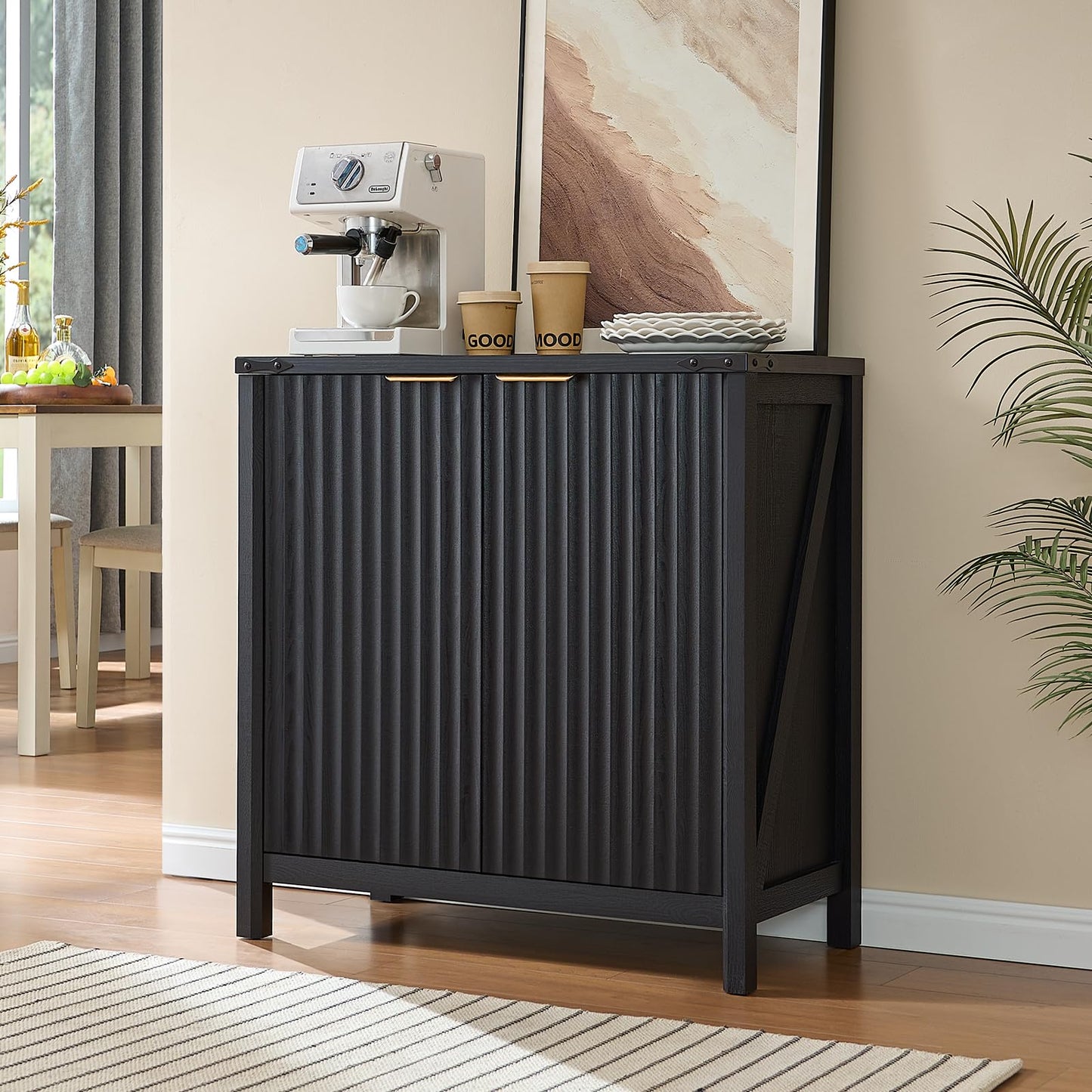 BuildHom 32" Sideboard Buffet Cabinet with Storage, Fluted Accent Storage Cabinet with 2 Doors, Modern Accent Coffee Bar Console Table for Kitchen, Entryway, Black Oak