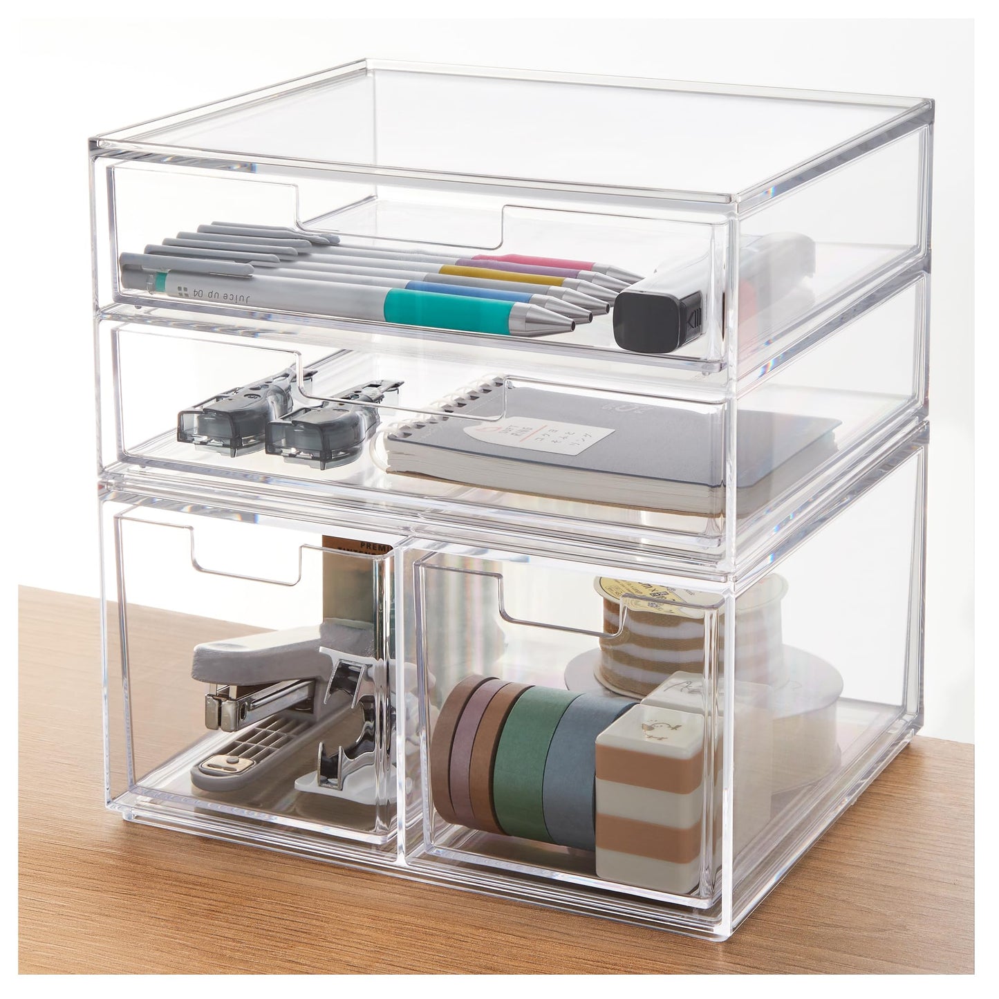 STORi Stackable Desk Organizer Drawers, Clear Pen Pencil Makeup Brush Holder for Desktops and Vanities, 4 Multi-size Drawers (Made in USA)