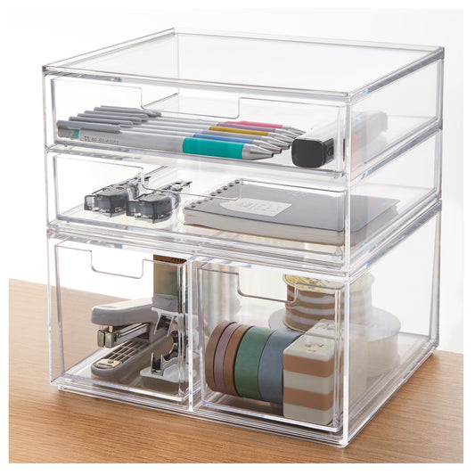 STORi Stackable Desk Organizer Drawers, Clear Pen Pencil Makeup Brush Holder for Desktops and Vanities, 4 Multi-size Drawers (Made in USA)
