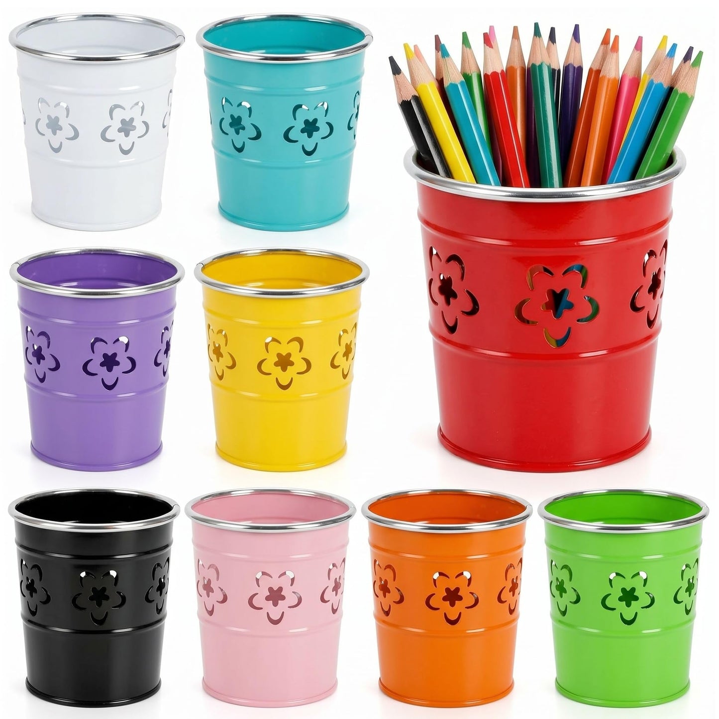 Noamus 9 Pack Metal Pen Holder, Desktop Pencil Bucket with Hollow Flower Cutouts, Colorful Makeup Brush Storage Cup, Versatile Cutlery Pots for Office Classroom School Crafts(9 Color)