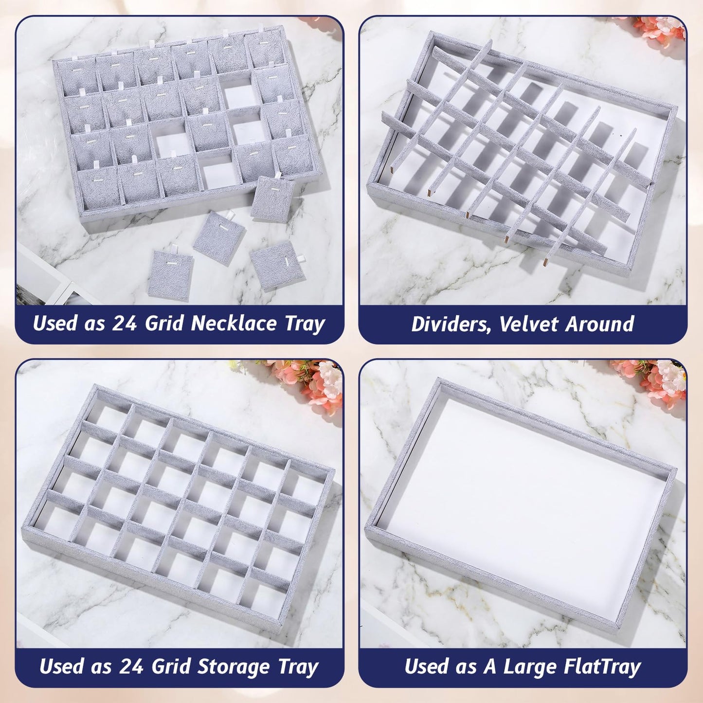 Hinly 2 Pcs 24 Grid Stackable Jewelry Organizer Tray with Removable Dividers Ice Velvet Jewelry Display Showcase Tray for Necklace Earring Ring Bracelet Holder (Gray Velvet)