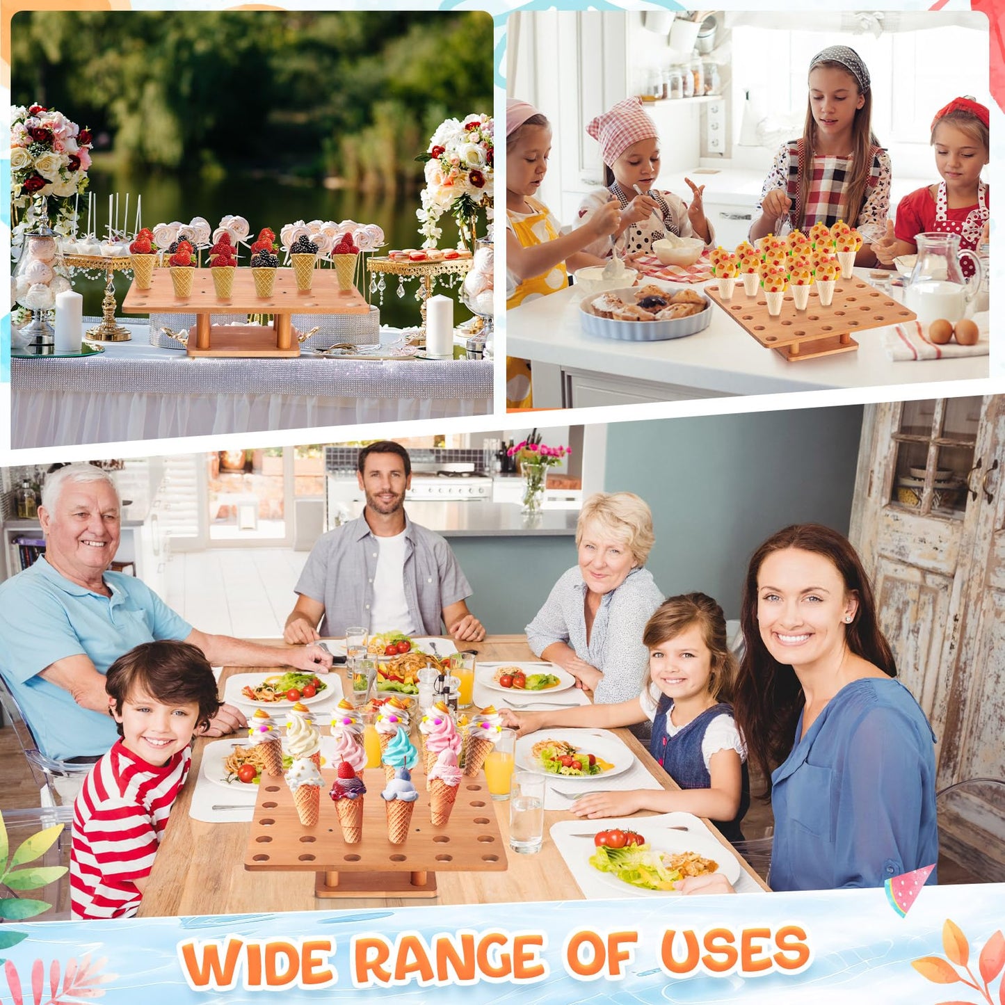 FoldTier 1 Pcs 36 Holes Ice Cream Cone Holder Stand 13" Wooden Charcuterie Cones Sushi Hand Roll Display Stand for Buffet, Food Trucks, Catered Events or Party Supply(Square)
