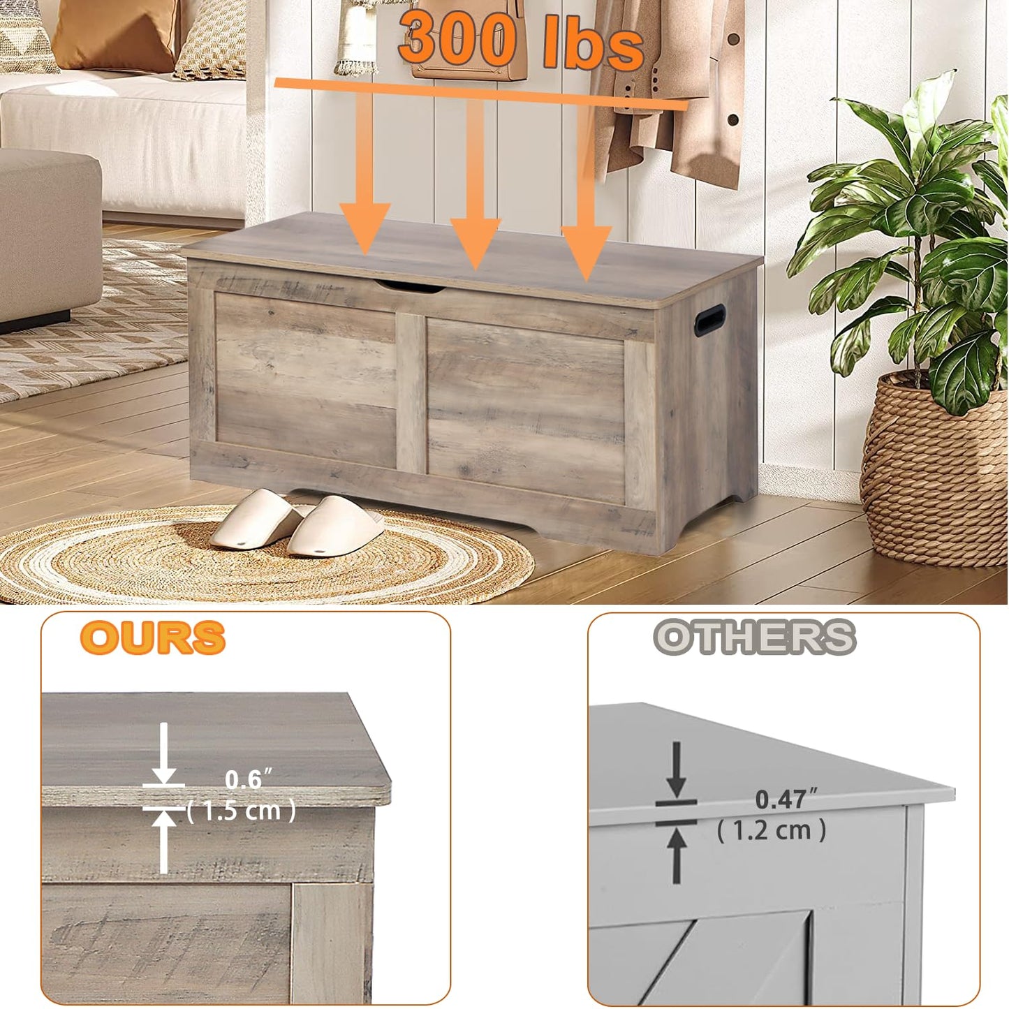 Timberer 39.4" Storage Chest, Wooden Storage Bench, Lift Top Toy Chest with 2 Safety Hinges, Large Toy Box, Entryway Bench for Living Room, Bedroom, Grey