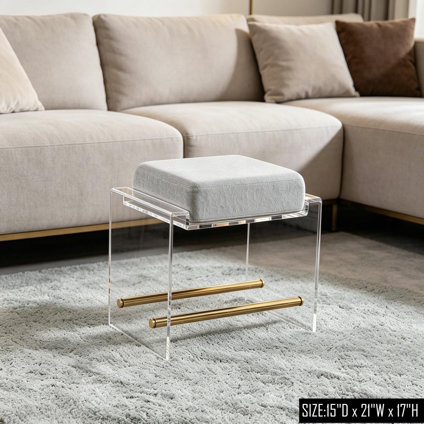 LIKENOW Furniture Acrylic Ottoman,Vanity Stool,Foot Rest Ottoman with Cushion for Living Room Makeup Room,Office,Hotel,Rectangular,Modern,Small,20''x14''x17'' High,15.9 Lbs