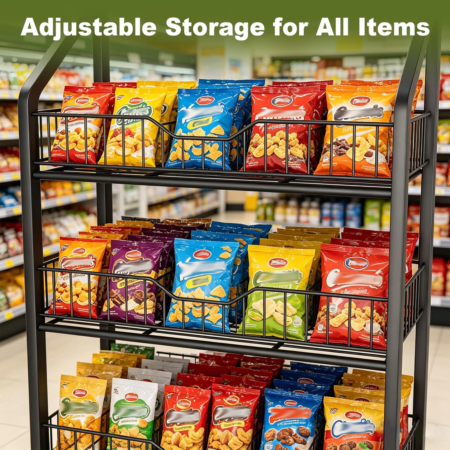 XNKLMYT 5 Tier Retail Display Racks, Large Capacity Snack Rack Display Stand, Pegboard Snack Shelf with 15 Hooks and 4 Wheels for Supermarket Kitchen Office Store Display, Black (1)
