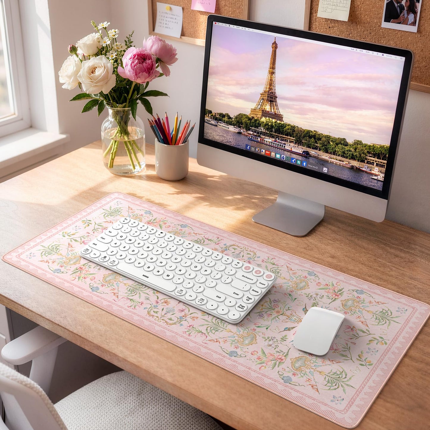 HAOCOO Cute Mouse and Keyboard Pad, 31.5" x 11.8" XL Mouse Pad, Stitched Edge Computer Mats for Desktop, Non-Slip Long Mouse Pad for Desk Accessories, Office Daily Use Desk Setup(Pink)