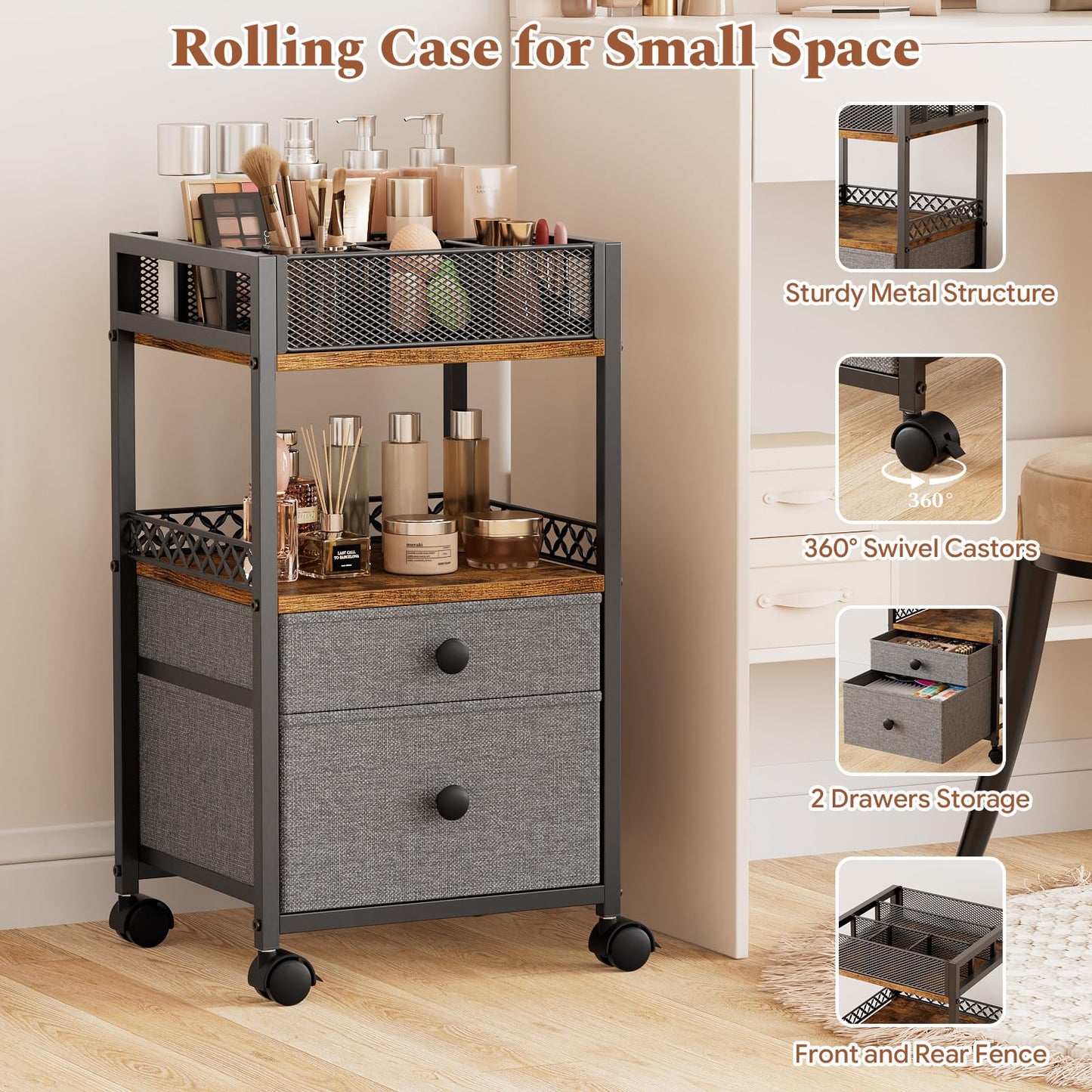 Plaviya Rolling Makeup Cart Organizer, Under Desk Skin Care Storage with 2 Drawers, Floor Vanity Organizer Bathroom Storage for Perfume Skin Care Nail Polish, Black