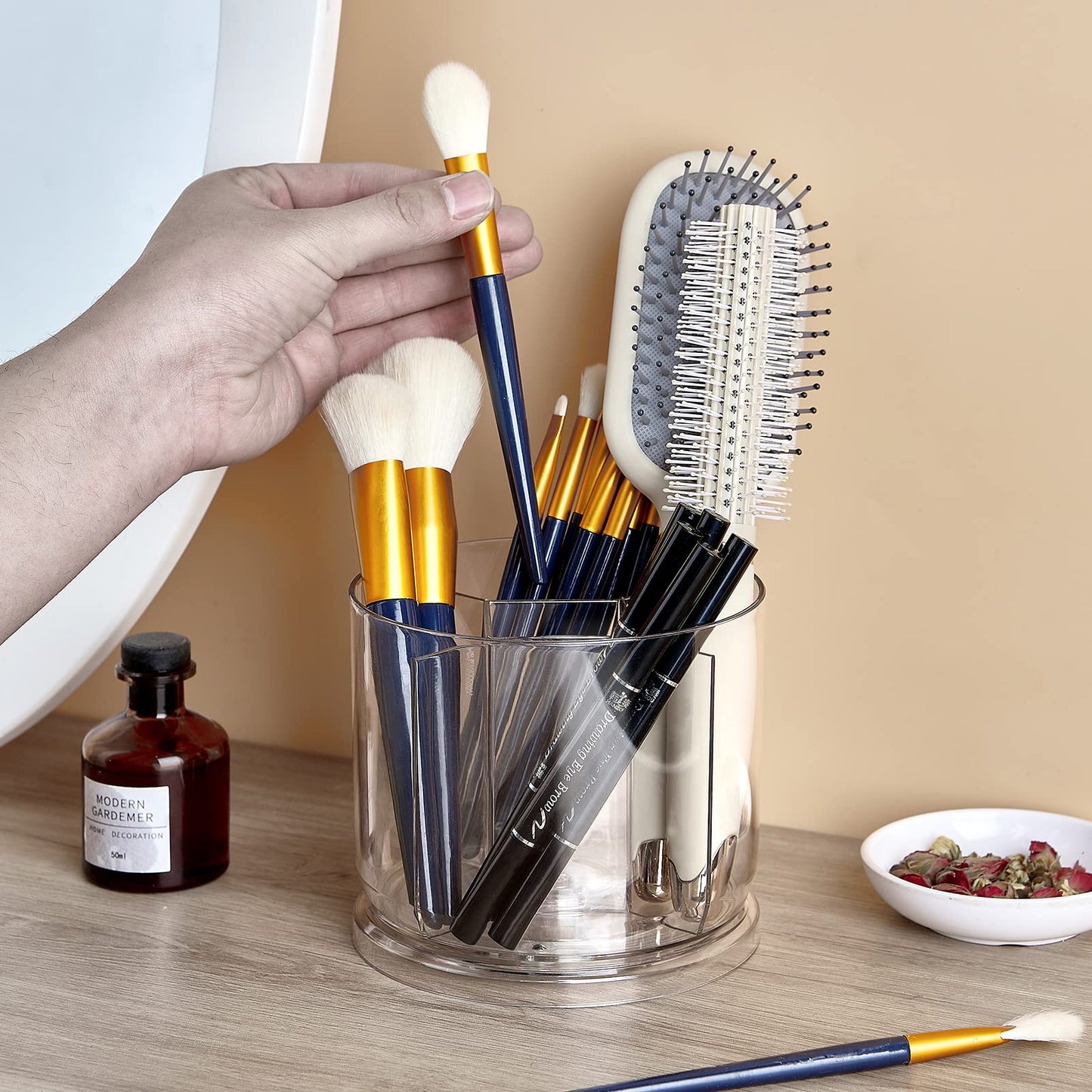 Makeup Brush Holder Organizer -Rotating 360° Clear Storage Cup Containers for Vanity, Desk, Countertop, Spinning Pen Holder for Desk, Round Make up Brush Stand with 5 Slots, for Cosmestics (Clear)