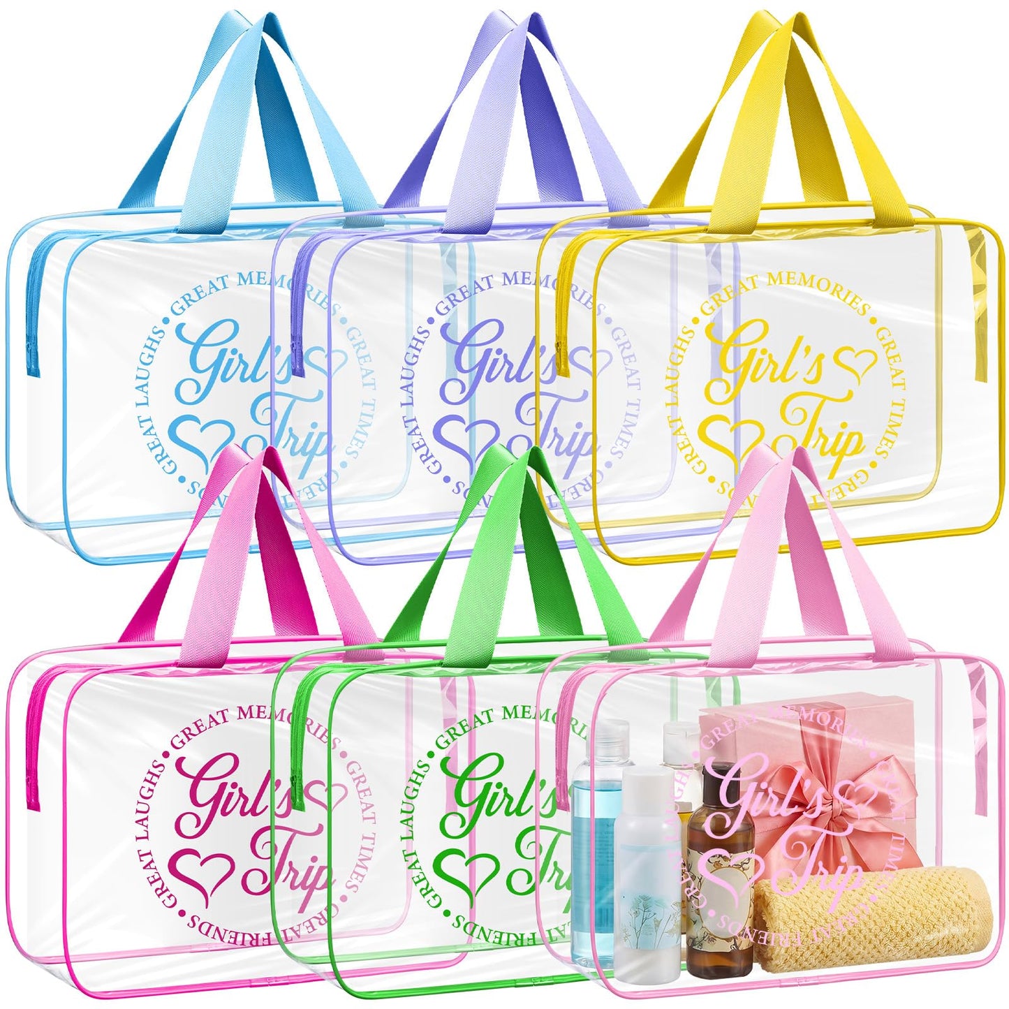 Sunnymove 6 Pcs Girls Trip Gifts Favors Large Clear Makeup Bags with Handle Zipper for Women Waterproof PVC Cosmetic Bag Gifts Set for Women, Sister, Colorful