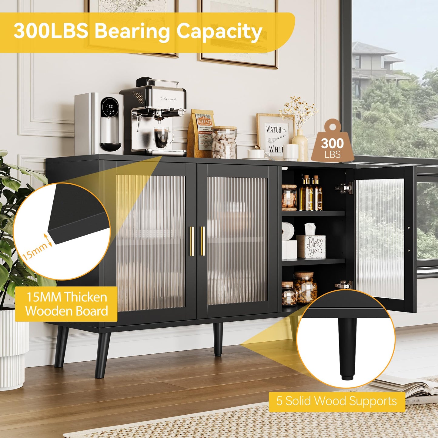 Reljofum Buffet Cabinet with Storage, 48" Large Sideboard Cabinet with 3 Fluted Glass Doors, Black Cabinet for Kitchen, Dinning Room, Hallway, Living Room