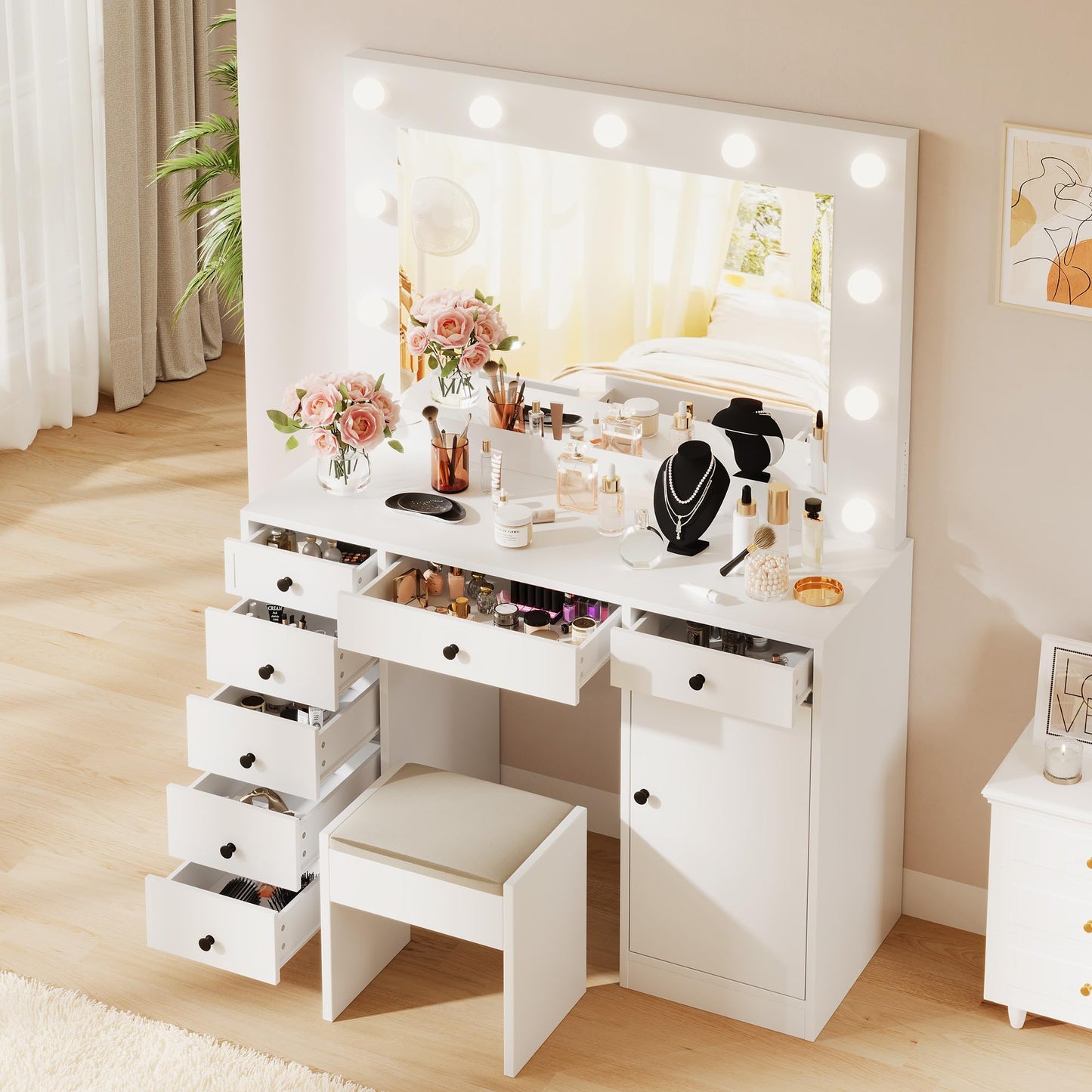 Garvee Makeup Vanity w/Lights Mirror, Desk & Table w/Charger, 7 Drawers, 1 Cabinet, 3 Color Lighting Modes, Wooden Dressing Table for Bedroom, White