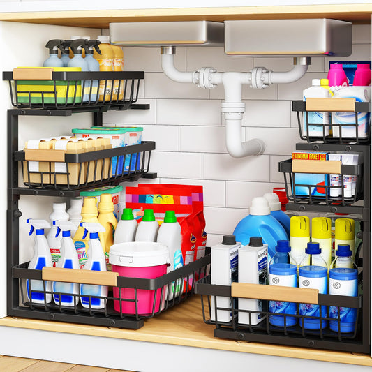 PXRACK Under Sink Organizer, 3-Tier 2-Pack Adjustable Height Pull Out Under Cabinet Organizer, Slide Out Thickened Metal Under Sink Storage for Kitchen Bathroom Laundry Pantry Organization, Black