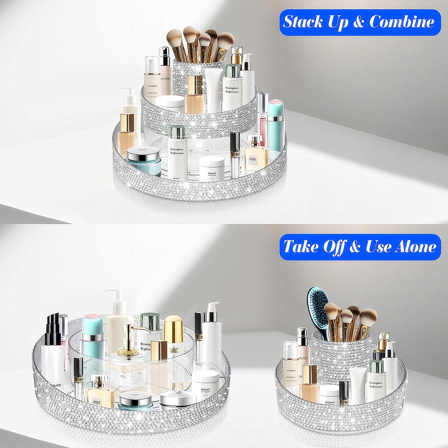 Yivaiks Bling 360 Rotating Makeup Organizer,Shiny Lazy Susan Cosmetic Storage Turntable for Skincare,Perfume & Lipstick,Glitter Round Spinning Tray with Brush Holder for Vanity,Bathroom (10"L x 10"W)